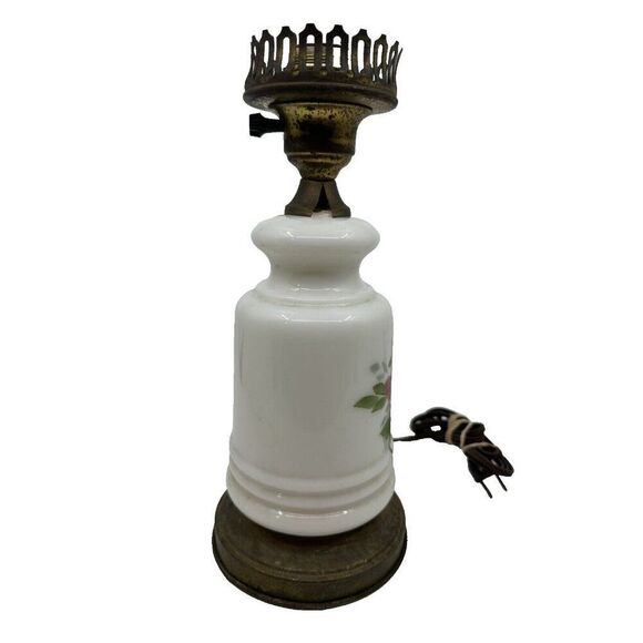Vintage Milk Glass Oil Lamp Base With Floral Design & Brass Crown Detailing - Picture 3 of 14